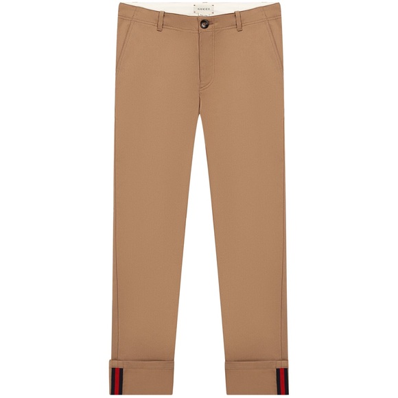 GUCCI Kids Khaki Adjustable Waist Chino Trousers with Navy Web Stripe Ribbon 8 - Picture 1 of 3